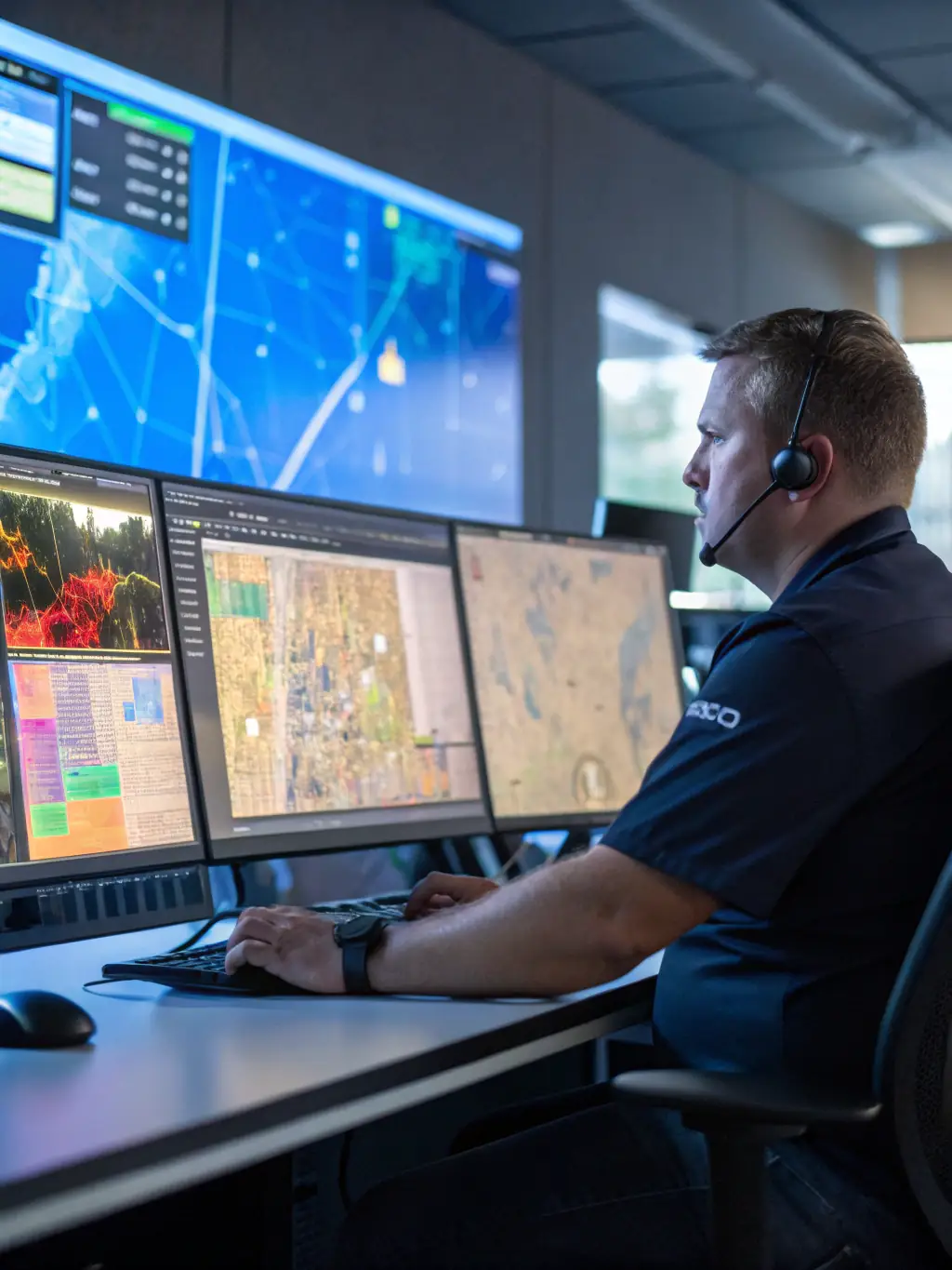 A dispatcher coordinating logistics with a digital map and communication tools, showcasing real-time dispatch services.
